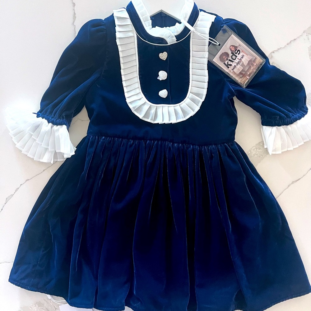 Blue Velvet Dress with White Accents / Self Portrait